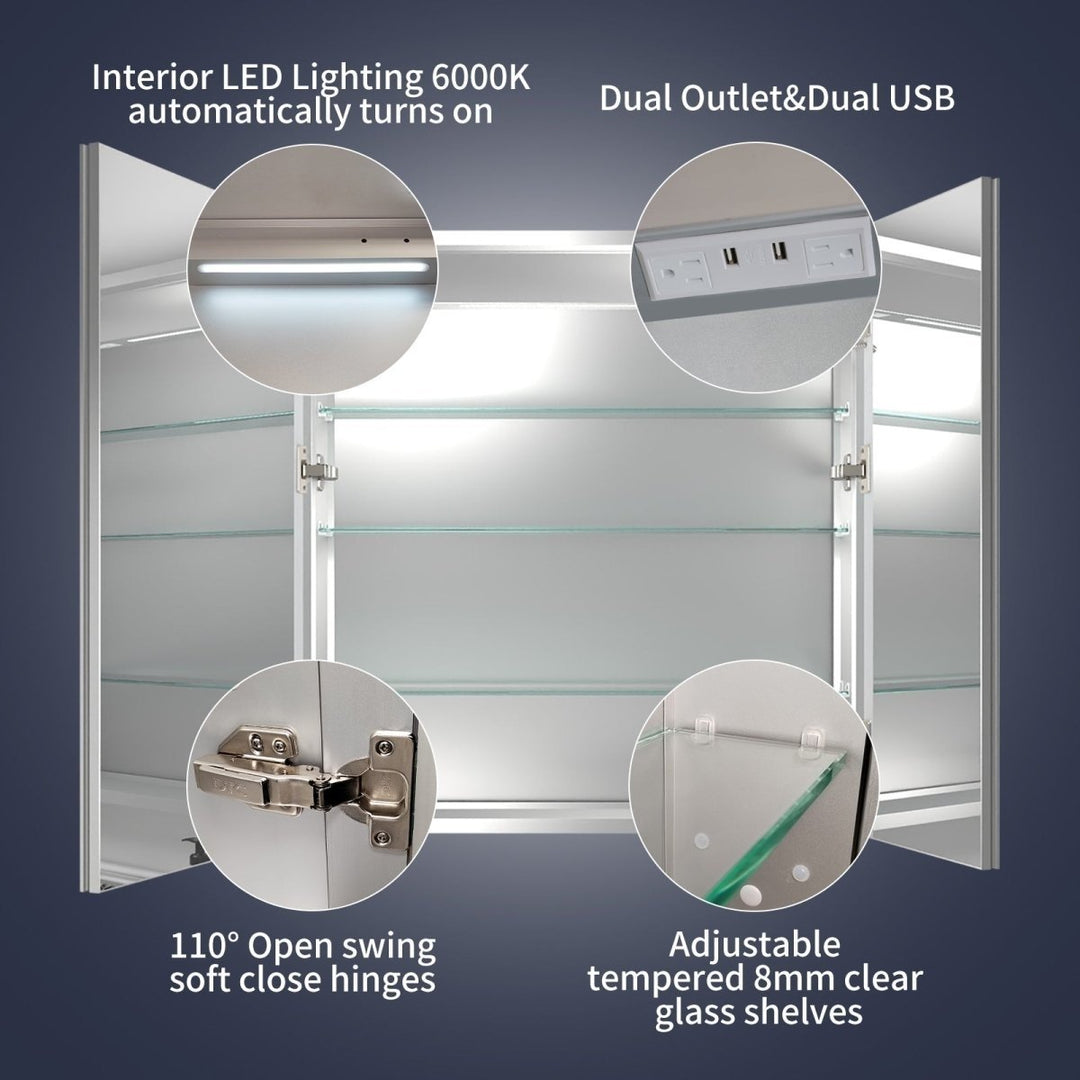 30x32 Lighted Medicine Cabinet Recessed Surface Mount with USB Outlets Defogging Image 7