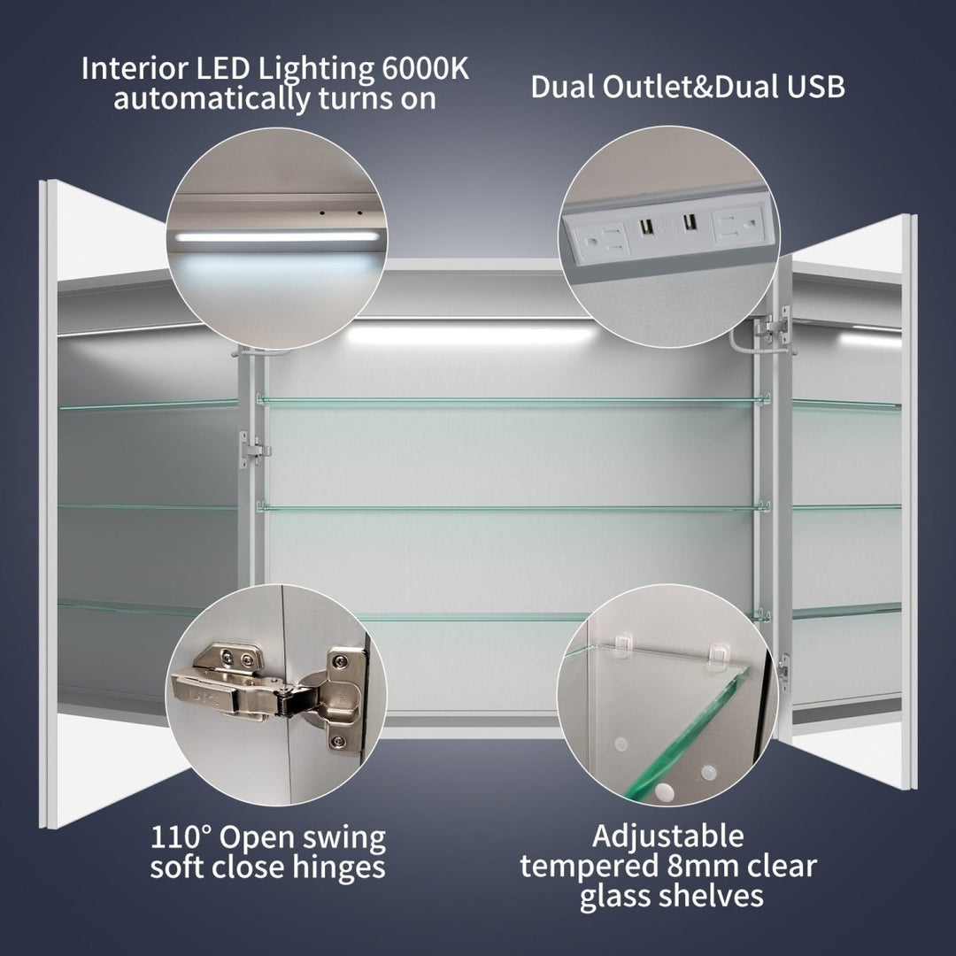 Rim 36"x32" LED Lighted Medicine Cabinet Recessed Mirror with Clock and USB Ports Image 6