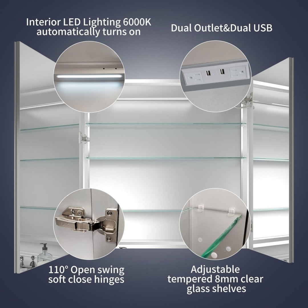 Lighted Medicine Cabinet 36x36 Recessed LED with USB Outlets Defogging Mirror Image 6