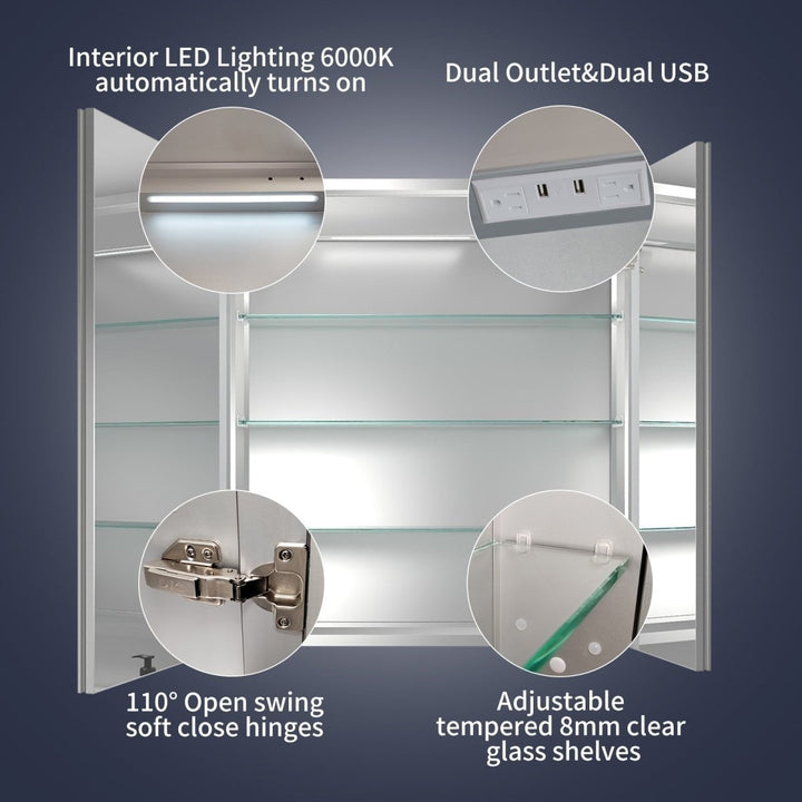 LED Lighted Medicine Cabinet 28"W x 32"H Recessed Surface Mount Mirror Waterproof Image 6