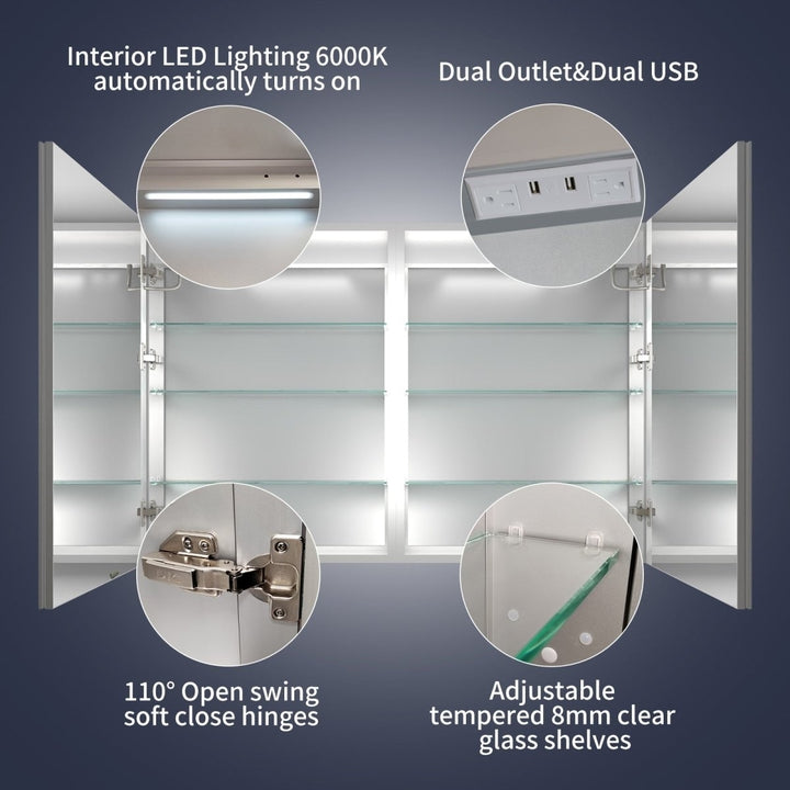 Rim 48" W x 32" H Lighted Medicine Cabinet Recessed or Surface LED Medicine Cabinet with Outlets and USBs Image 6