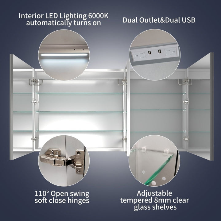 Rim Lighted Medicine Cabinet 60x32 Recessed LED with Outlets and USB Ports Image 5