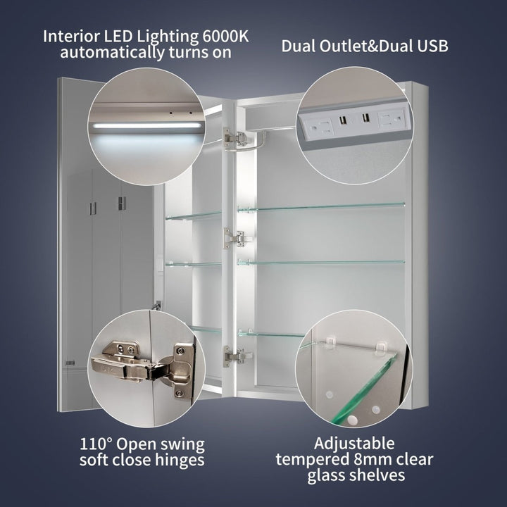 24x36 LED Lighted Medicine Cabinet Recessed Surface Hinge Left Mirror Defogging Image 6