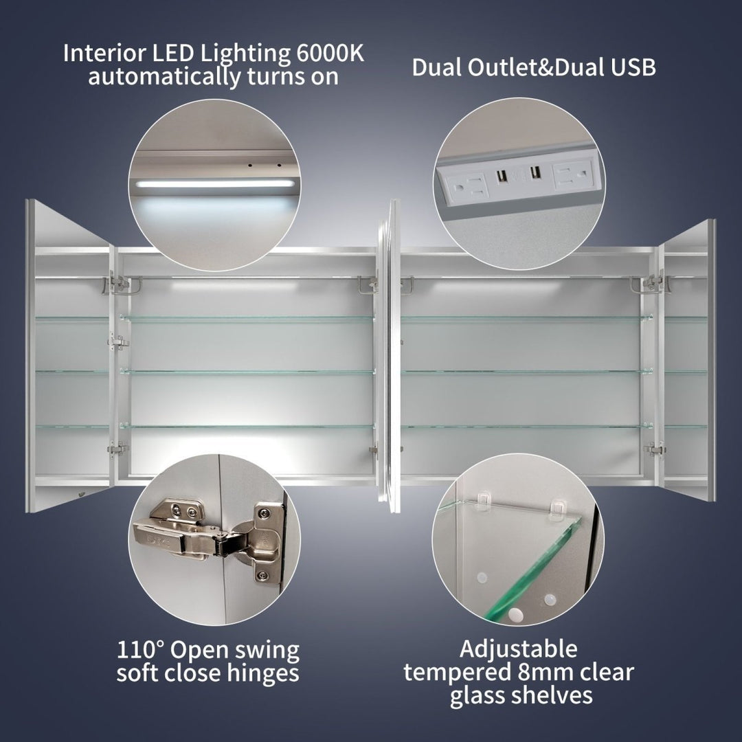 Lighted Medicine Cabinet 72"W x 32"H Recessed Surface with Outlets USBs Mirror Image 7