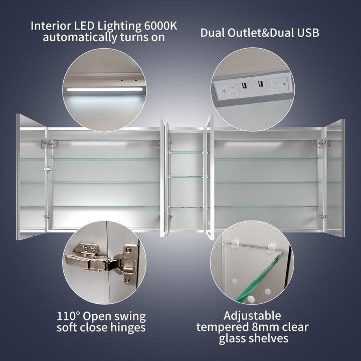 Rim 84in x 32in Lighted LED Medicine Cabinet Recessed Surface USB Outlets Image 7