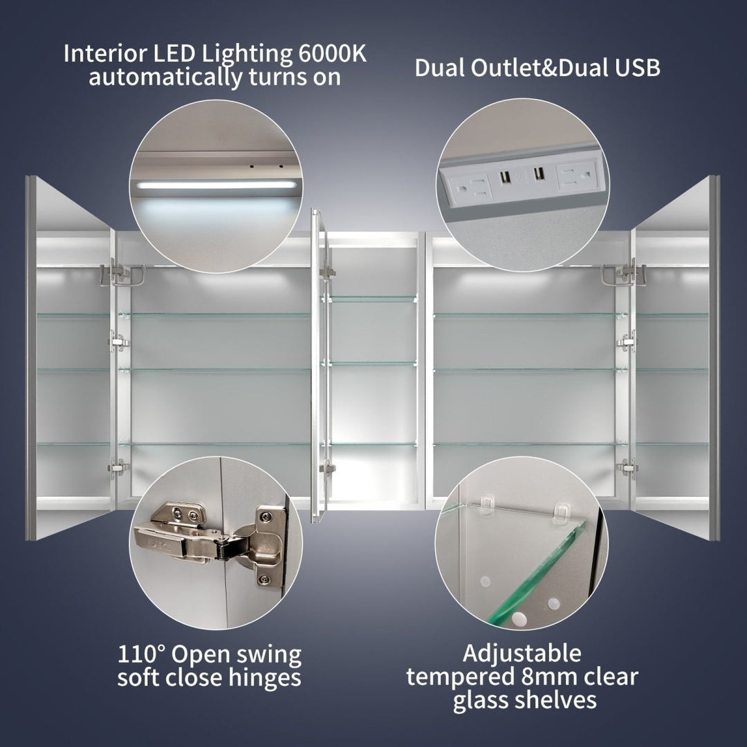 Rim 60" W x 32" H Lighted Medicine Cabinet Recessed or Surface LED Medicine Cabinet with Outlets,USBS Image 5