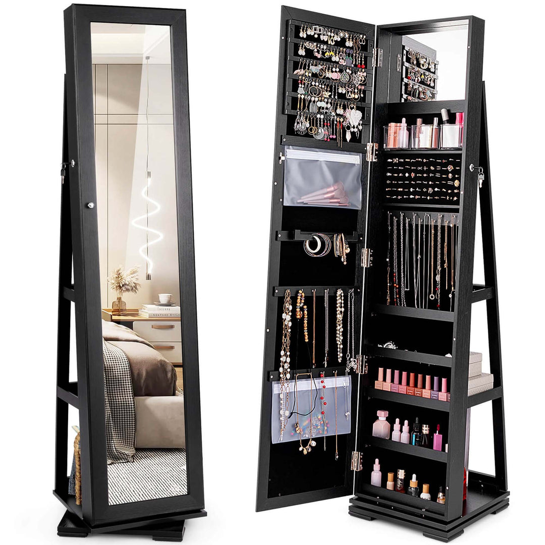 Costway 360degree Rotatable Jewelry Cabinet 2-in-1 Lockable Mirrored Organizer White/Black/Dark Brown Image 2