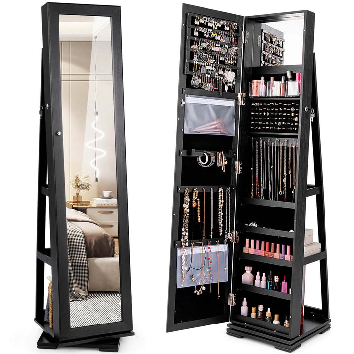 Costway 360degree Rotatable Jewelry Cabinet 2-in-1 Lockable Mirrored Organizer White/Black/Dark Brown Image 2