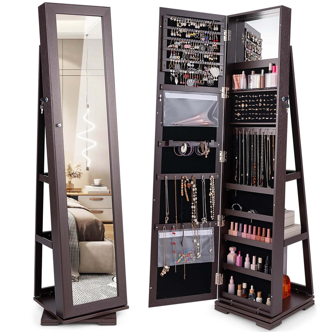 Costway 360degree Rotatable Jewelry Cabinet 2-in-1 Lockable Mirrored Organizer White/Black/Dark Brown Image 3