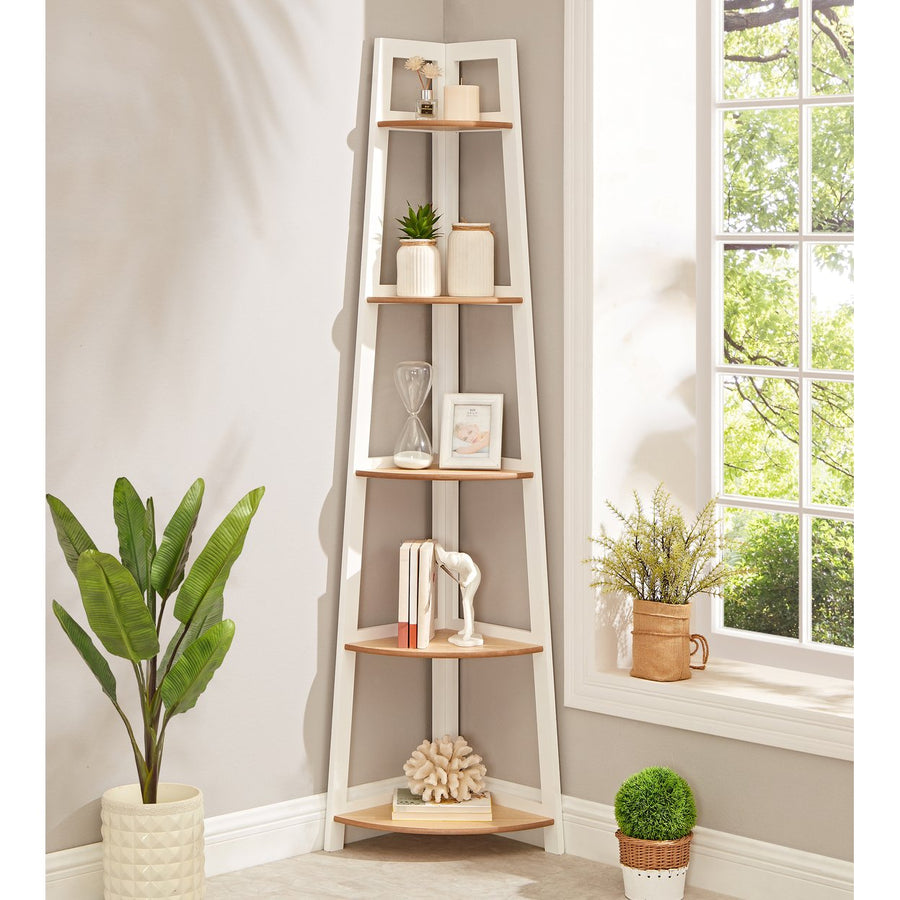 Loft Lyfe Haroon Corner Bookshelf ,Multifunctional Storage Organizer in White/Natural Image 1