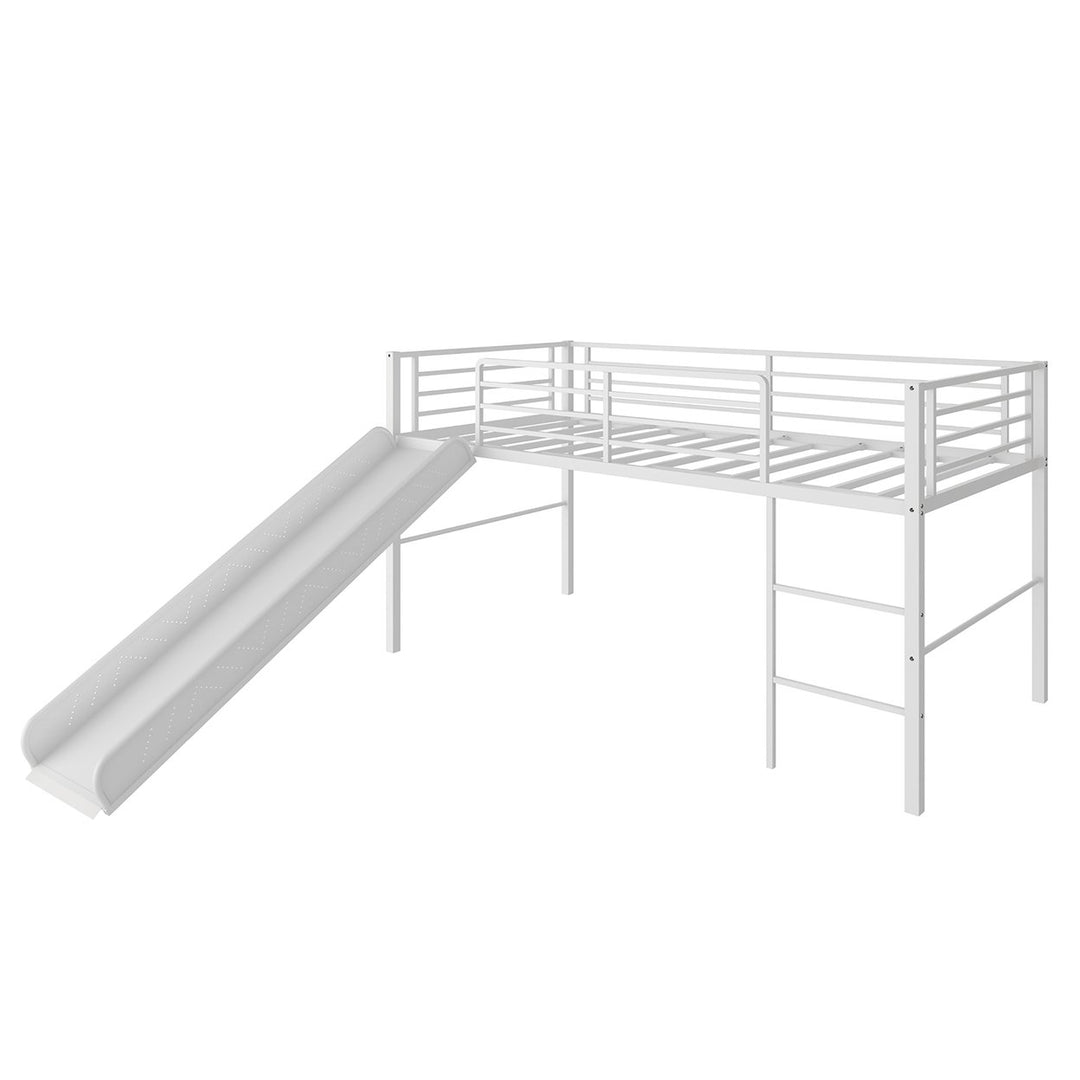 Twin Metal Loft Bed with Slide Guardrails Built-in Ladder Low Bed Frame Image 6