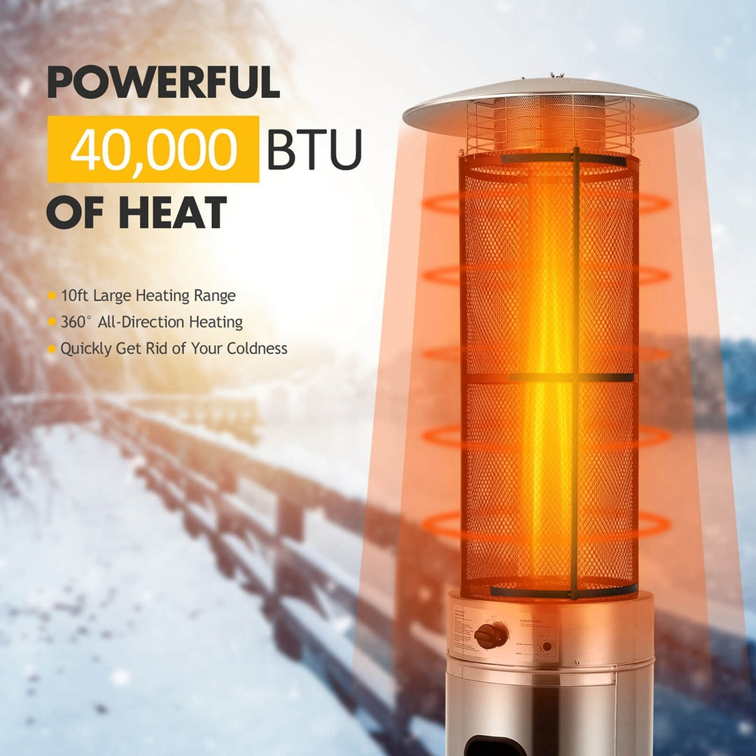 40000 BTU Patio Heaters Stainless Steel Round Propane Glass Tube Flame W/Wheels Image 4