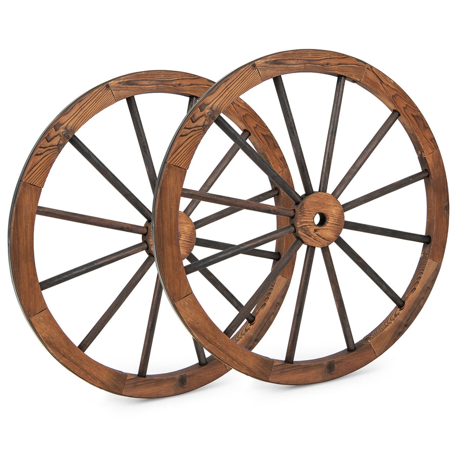 Set of 2 30 In Decorative Vintage Wood Garden Wagon Wheel w/Steel Rim Image 1