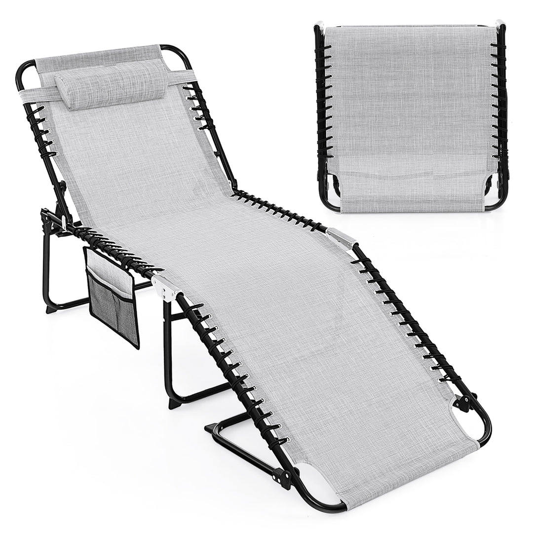 Folding Reclining Lounge Chaise 4-Position Backrest Portable Beach Chair Grey Image 1