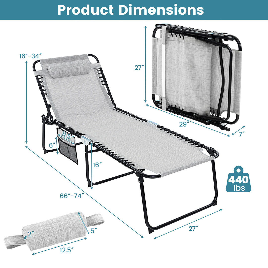 Folding Reclining Lounge Chaise 4-Position Backrest Portable Beach Chair Grey Image 3