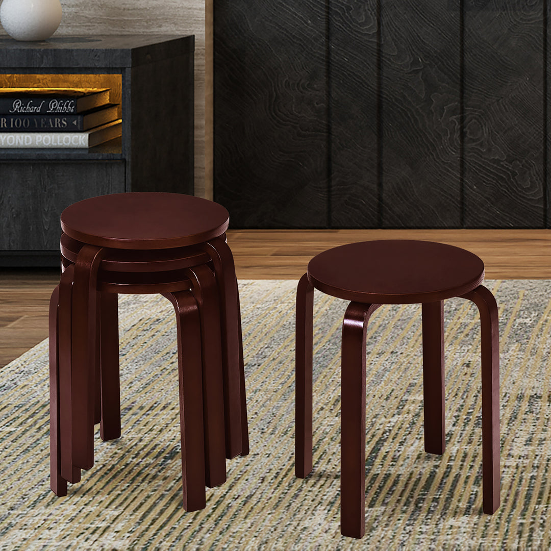 Set of 4 18" Stacking Stool Round Dining Chair Backless Wood Brown Image 5