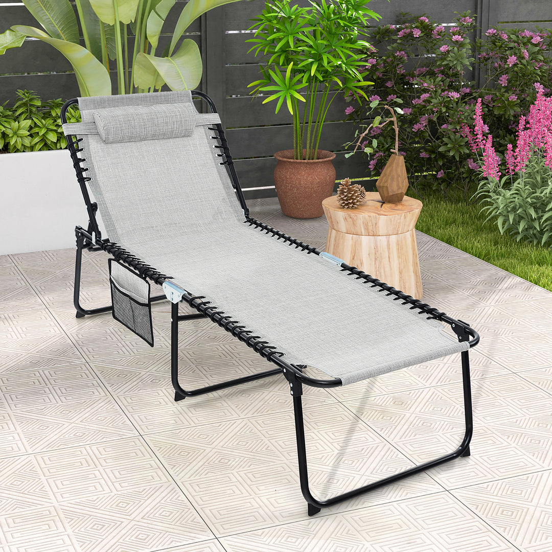 Folding Reclining Lounge Chaise 4-Position Backrest Portable Beach Chair Grey Image 4