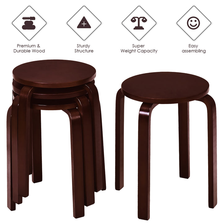 Set of 4 18" Stacking Stool Round Dining Chair Backless Wood Brown Image 7