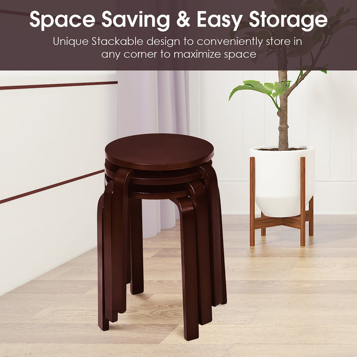 Set of 4 18" Stacking Stool Round Dining Chair Backless Wood Brown Image 8