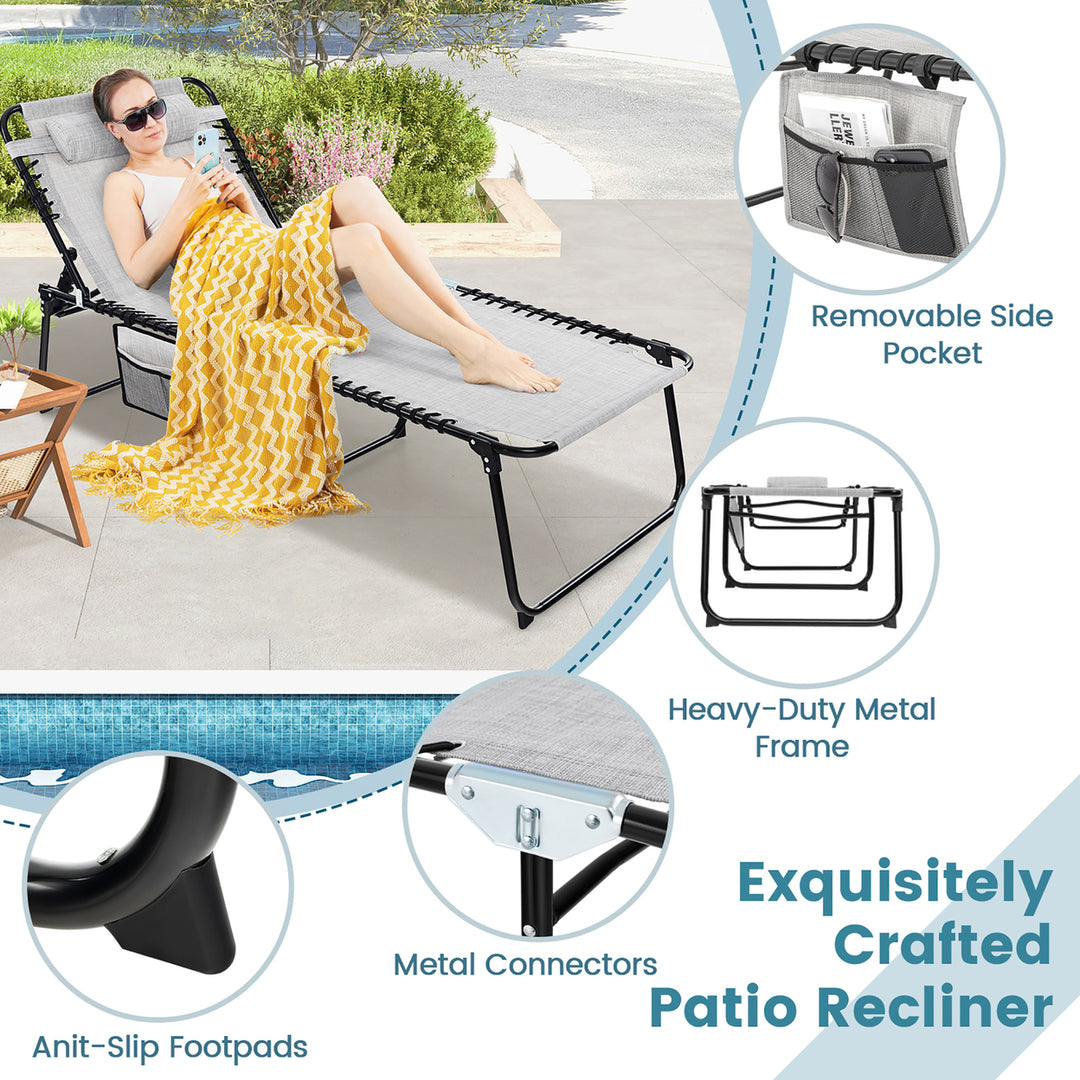 Folding Reclining Lounge Chaise 4-Position Backrest Portable Beach Chair Grey Image 7