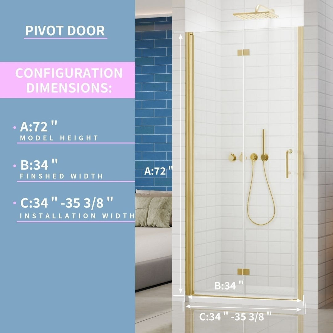 Adapt Bifold Frameless Glass Shower Door 34-35.3in Gold 72in Tempered Glass Panel Image 2