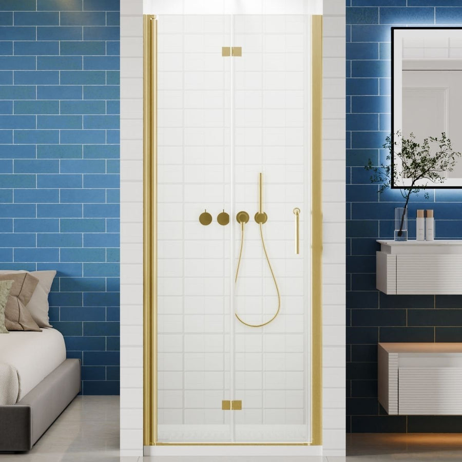 Adapt Bifold Frameless Glass Shower Door 30-31.3in Gold Tempered Glass 72in High Image 1