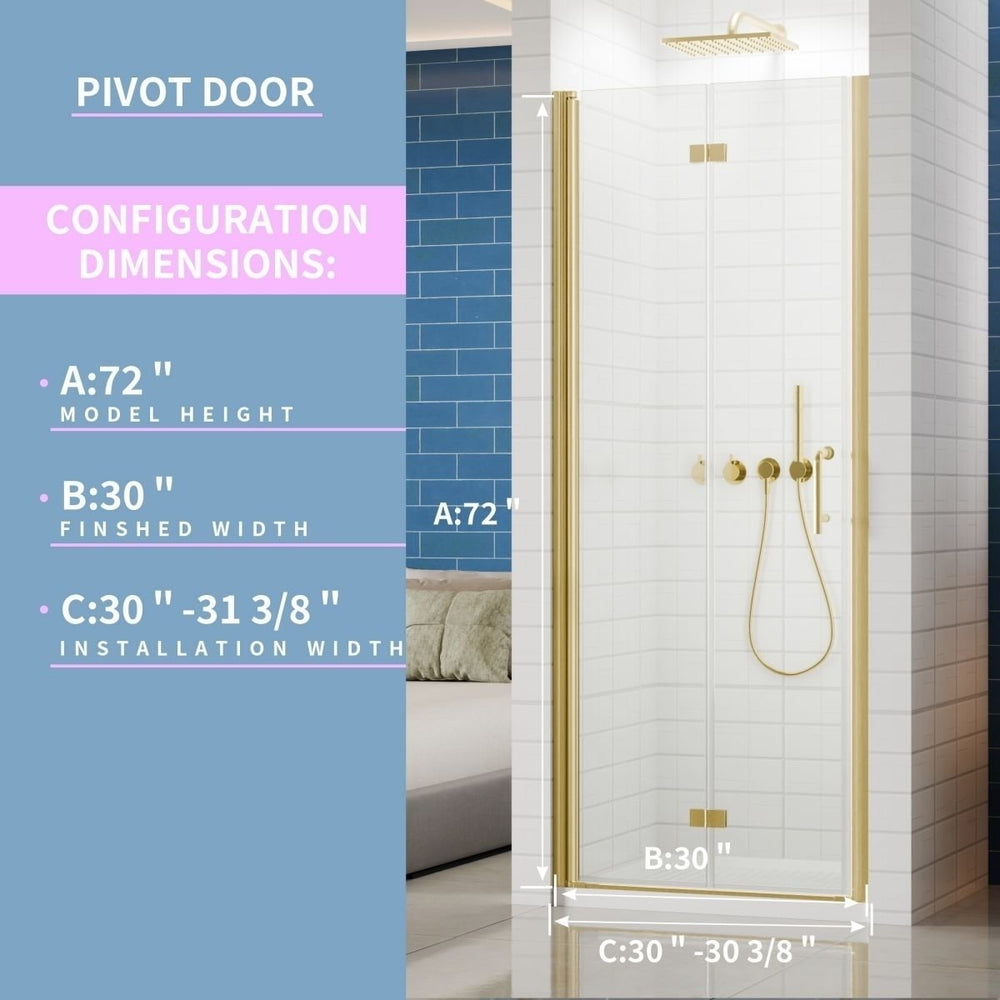 Adapt Bifold Frameless Glass Shower Door 30-31.3in Gold Tempered Glass 72in High Image 2