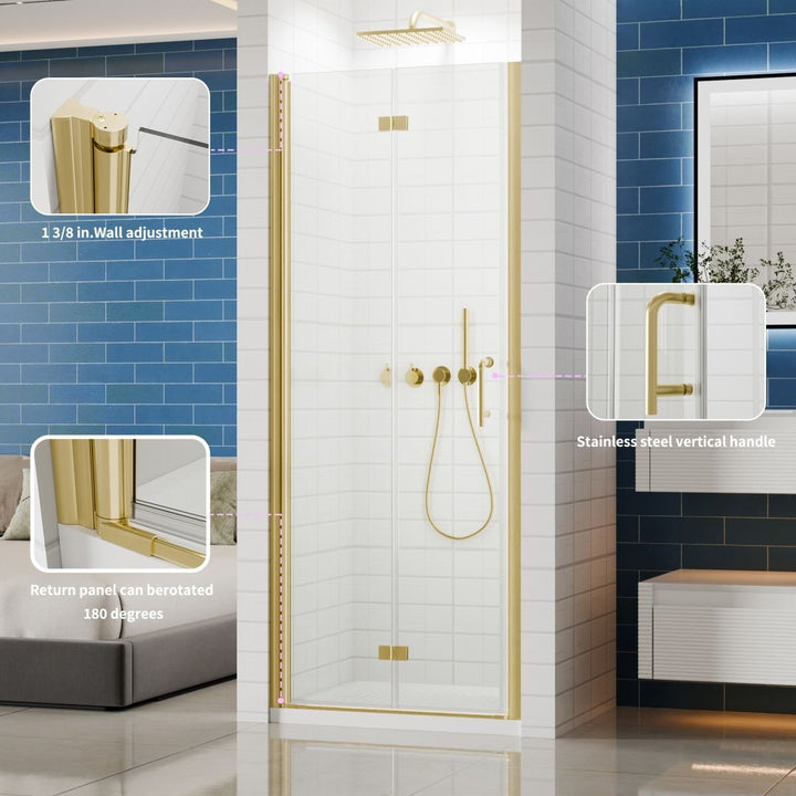 Adapt Bifold Frameless Glass Shower Door 30-31.3in Gold Tempered Glass 72in High Image 4