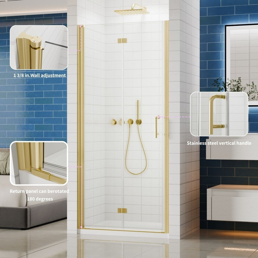 Adapt Bifold Frameless Glass Shower Door 34-35.3in Gold 72in Tempered Glass Panel Image 3