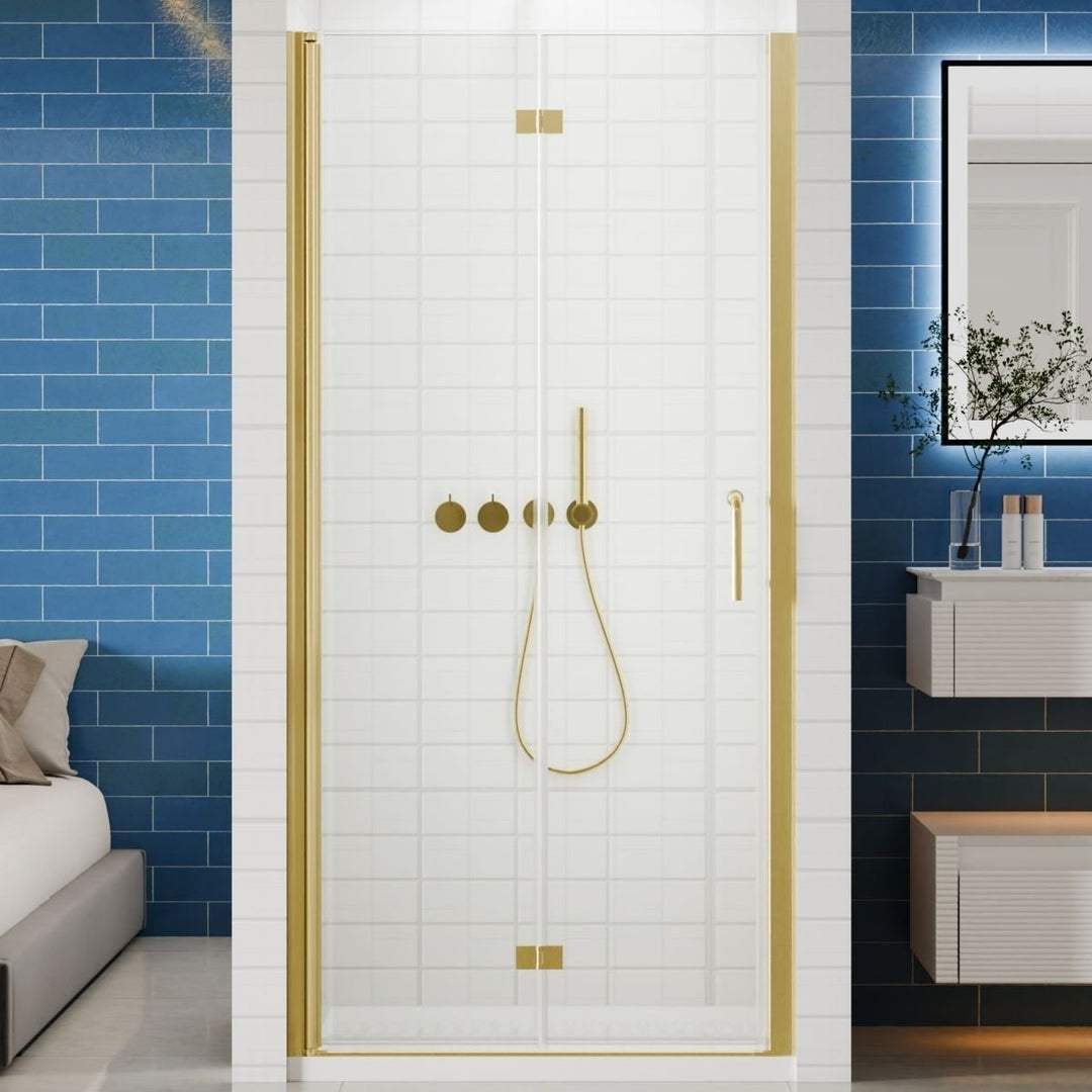 Adapt Bifold Frameless Glass Shower Door Gold 36-37in W 72in H Tempered Glass Image 1