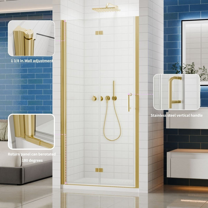 Adapt Bifold Frameless Glass Shower Door Gold 36-37in W 72in H Tempered Glass Image 3