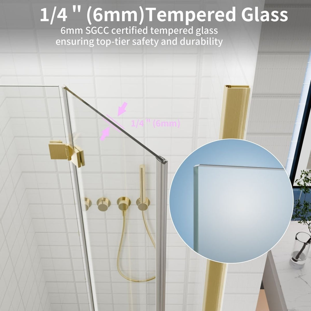 Adapt Bifold Frameless Glass Shower Door Gold 36-37in W 72in H Tempered Glass Image 12