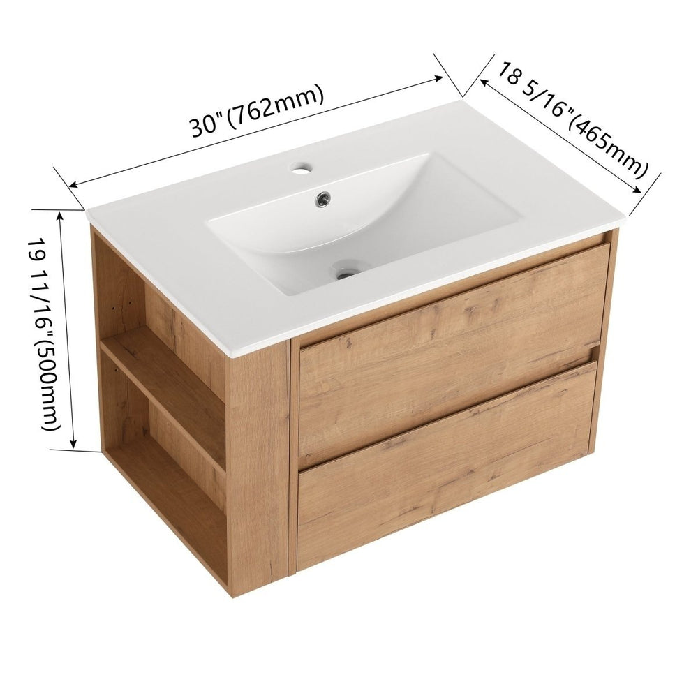 Allsumhome 30 Inch Floating Bathroom Vanity Imitative Oak Sink 2 Drawers Image 2