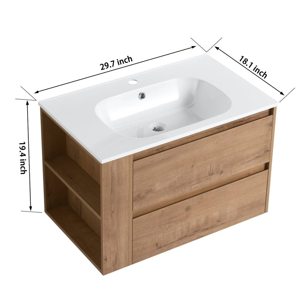 Allsumhome 30" Wall Mounting Floating Bathroom Vanity With Gel Sink,Imitative Oak Finish,Soft Close Drawer Image 2