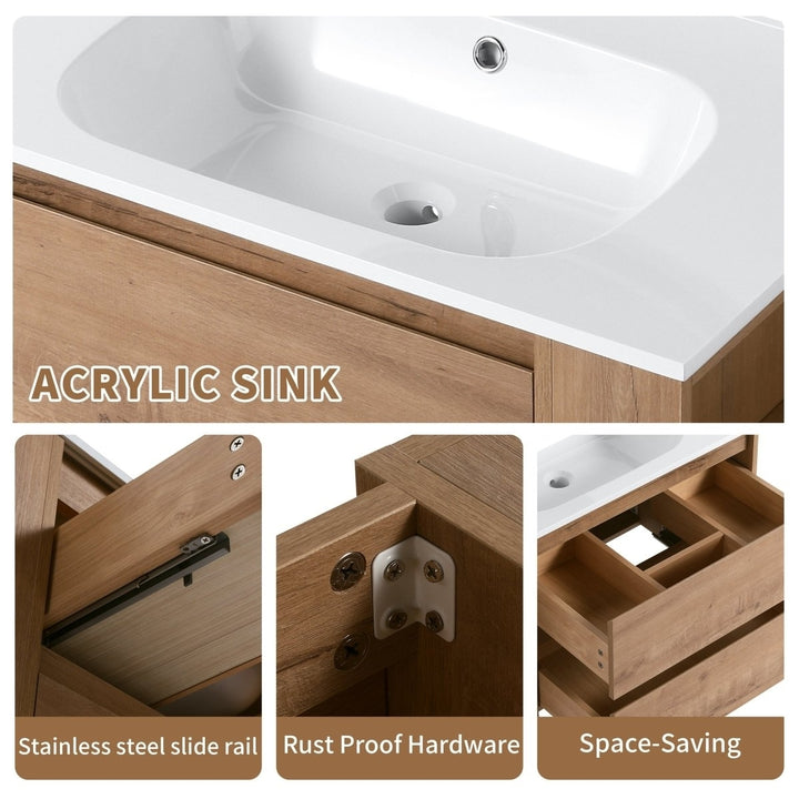 Allsumhome 30" Wall Mounting Floating Bathroom Vanity With Gel Sink,Imitative Oak Finish,Soft Close Drawer Image 4