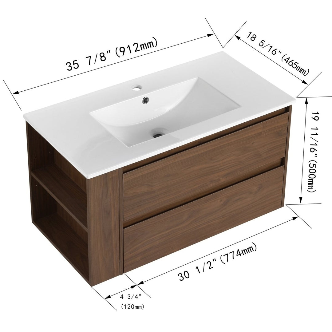 Allsumhome 36" Wall Mounted Floating Bathroom Vanity Brown Oak Ceramic Sink Image 2