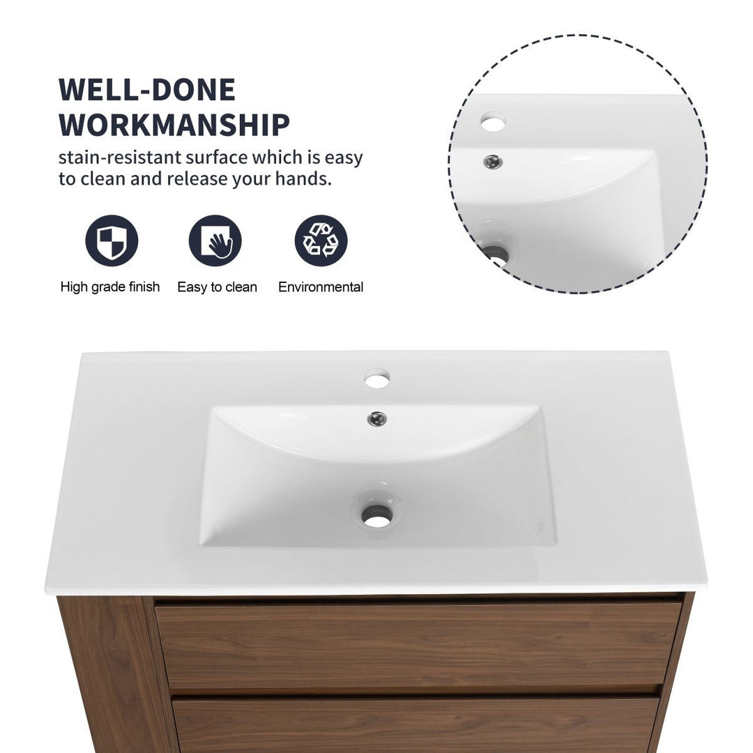 Allsumhome 36" Wall Mounted Floating Bathroom Vanity Brown Oak Ceramic Sink Image 4