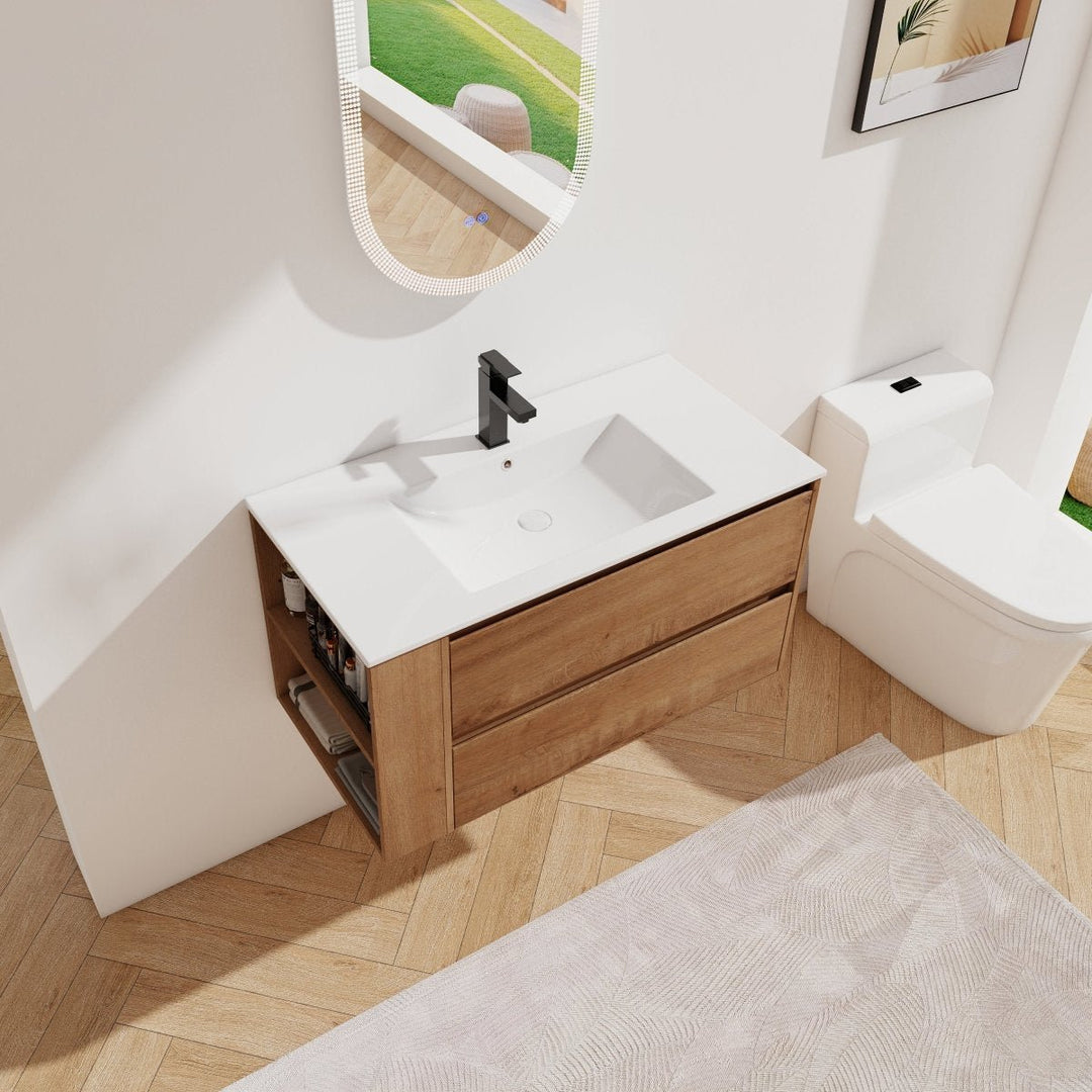 Allsumhome 36" Wall Mounted Floating Bathroom Vanity Imitative Oak Plywood Sink Image 1