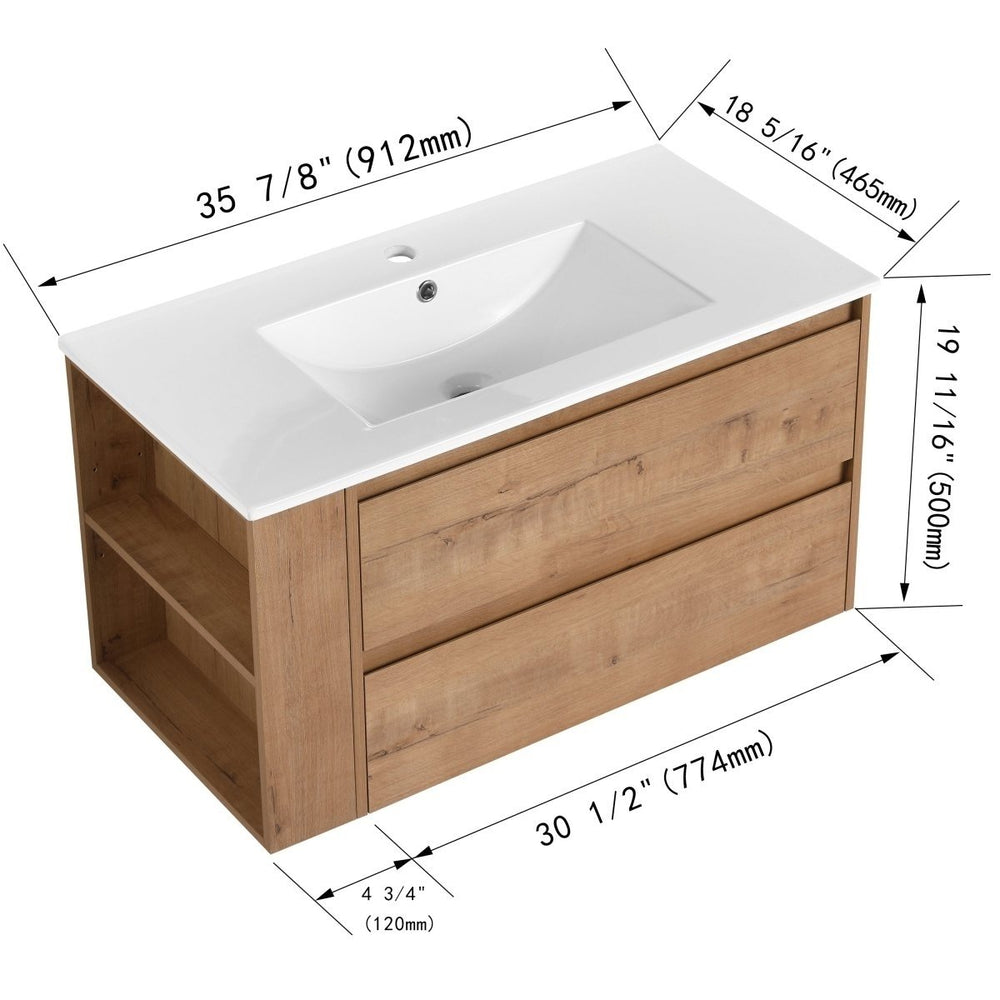 Allsumhome 36" Wall Mounted Floating Bathroom Vanity Imitative Oak Plywood Sink Image 2