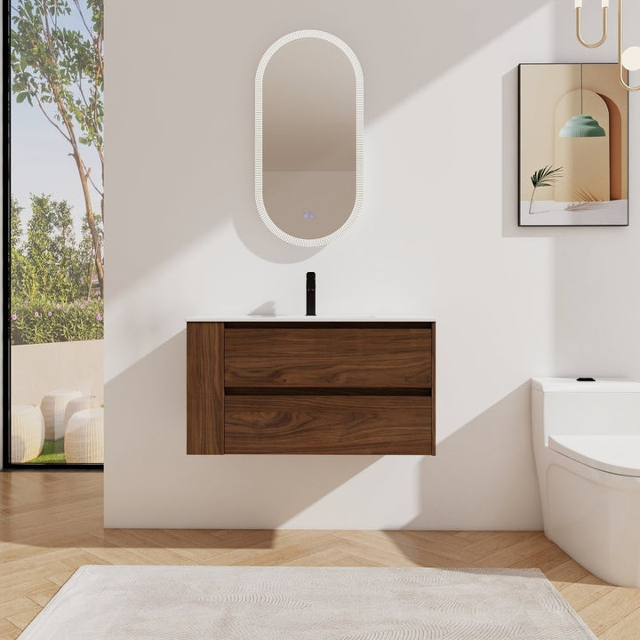 Allsumhome 36" Wall Mounted Floating Bathroom Vanity Brown Oak Ceramic Sink Image 8