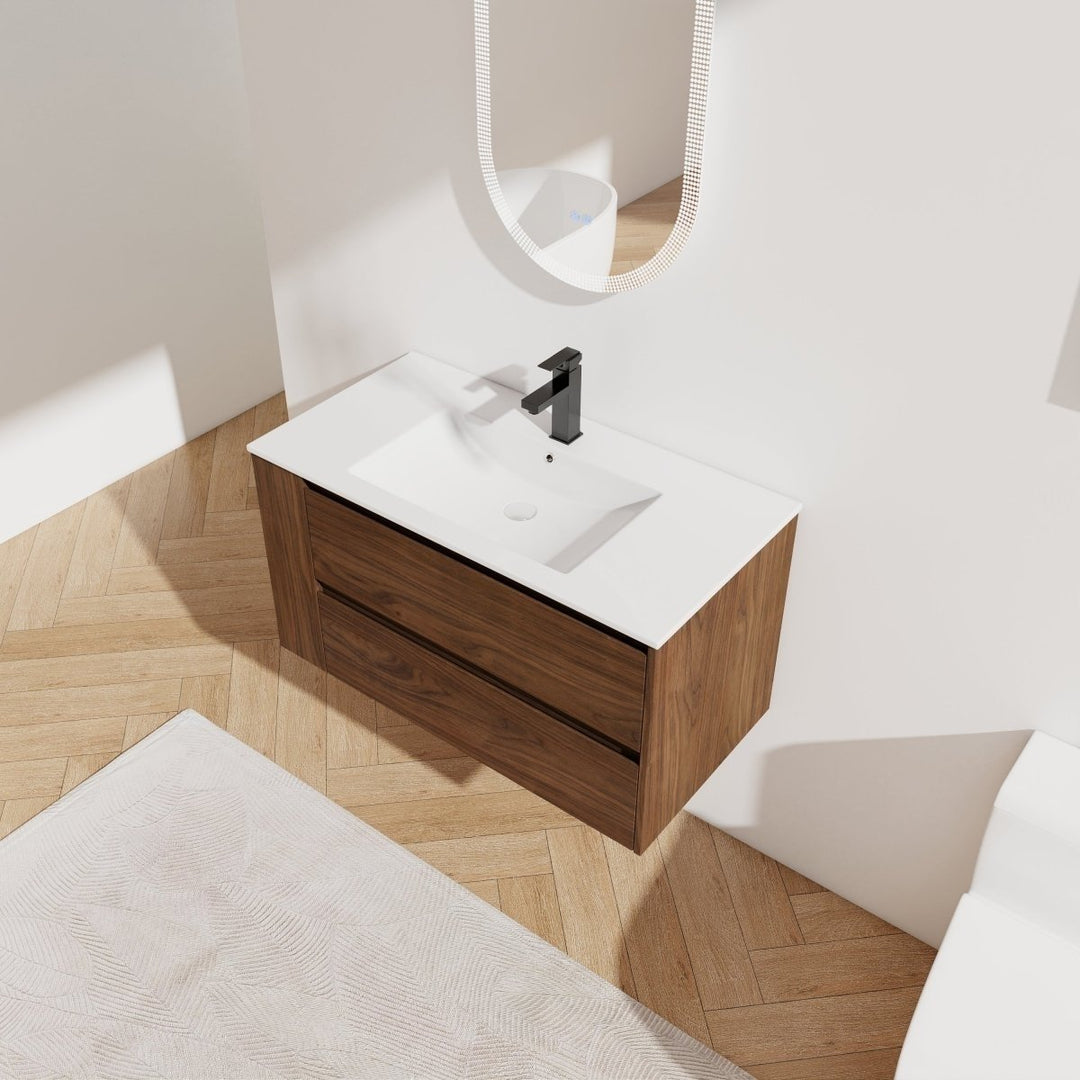 Allsumhome 36" Wall Mounted Floating Bathroom Vanity Brown Oak Ceramic Sink Image 10