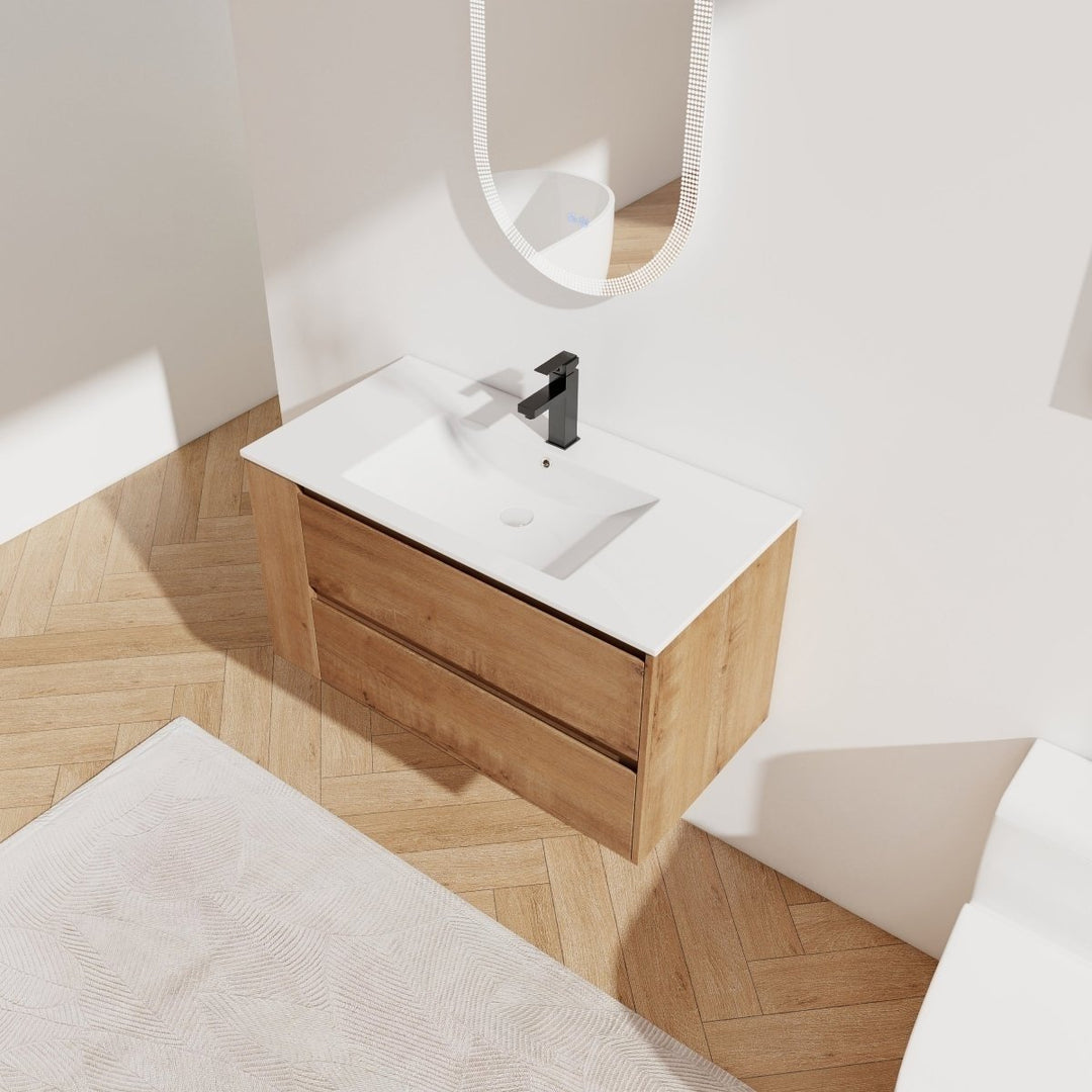 Allsumhome 36" Wall Mounted Floating Bathroom Vanity Imitative Oak Plywood Sink Image 11