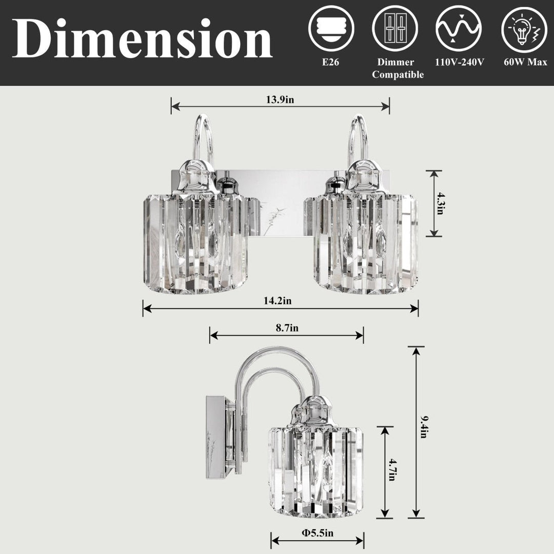 ExBrite 12 Inch Chrome Vanity Light Fixture with Crystal Design E26 Bulb Compatible Image 7