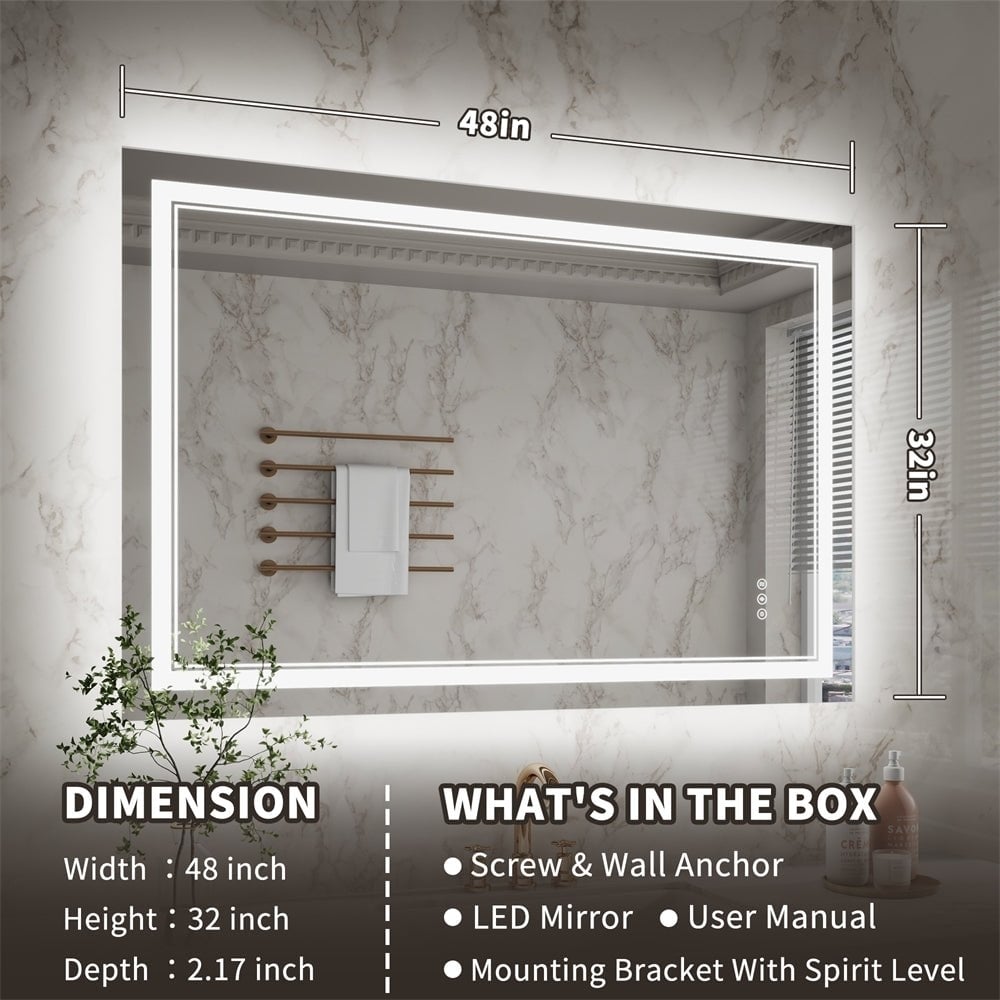 ExBrite Front and Back lit Dimmable LED Anti Fog Bathroom Mirror Linea Series 48"W x 32"H Image 2