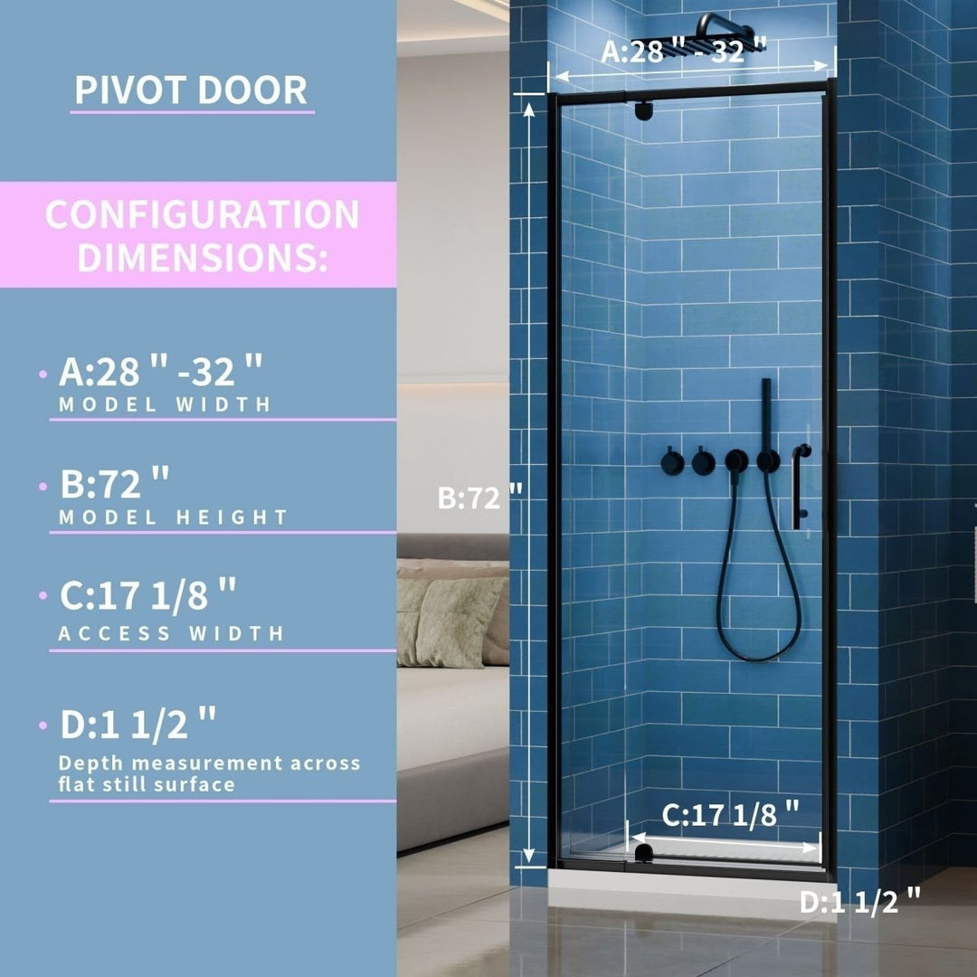 Flexi Showers 28-32" W x 72" H Glass Shower Doos Semi-Frameless,6mm Clear Tempered Glass Panel, Black Finish Image 2