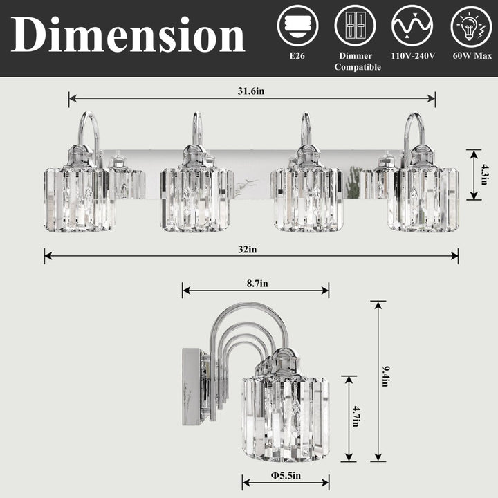 ExBrite 32 Inch Chrome Crystal Vanity Light 4 Bulb Bathroom Fixture Image 12