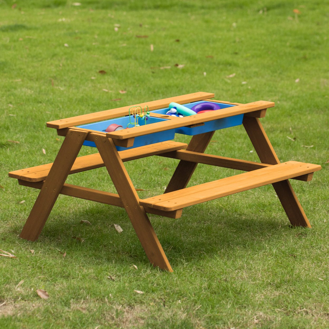 Kids Picnic Play Table, Sandbox Table with Umbrella Hole and 2 Play Boxes with Removable Top Image 11