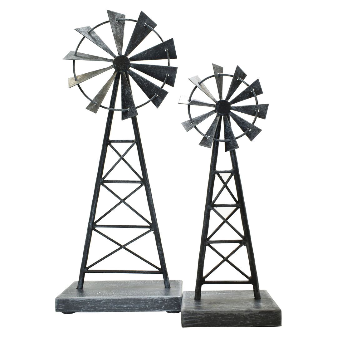 Adam and Friends Metal Windmill Sculpture 2-Piece Set Pewter Large Small Decor Image 1