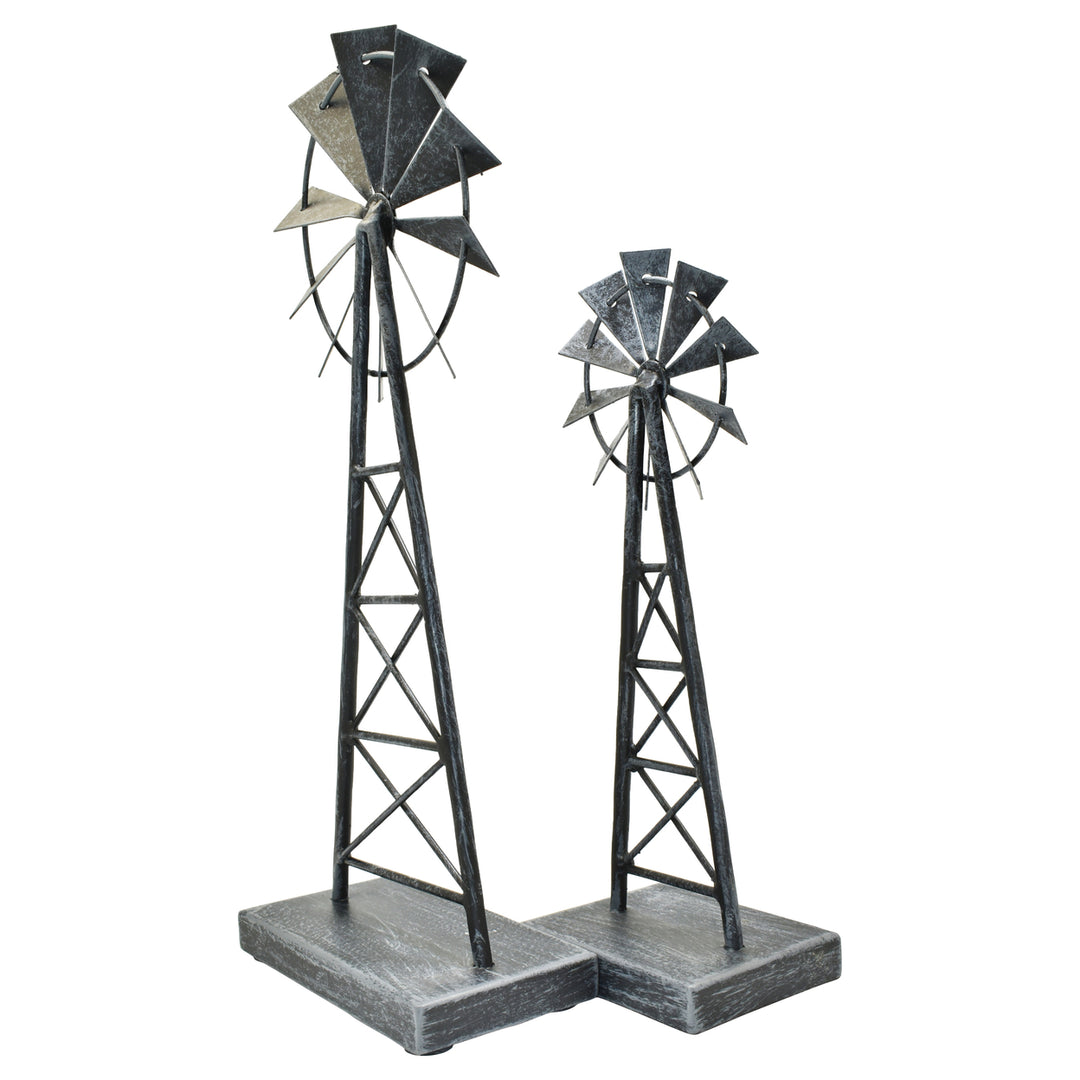 Adam and Friends Metal Windmill Sculpture 2-Piece Set Pewter Large Small Decor Image 2