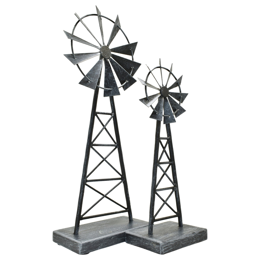 Adam and Friends Metal Windmill Sculpture 2-Piece Set Pewter Large Small Decor Image 3